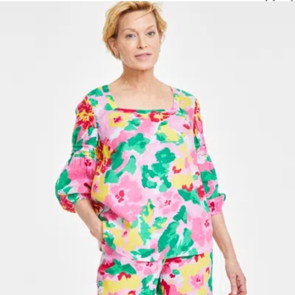 Charter Club Pink Floral Linen Square Neck Tunic Blouse Size XL Boho Resortwear - Picture 2 of 9